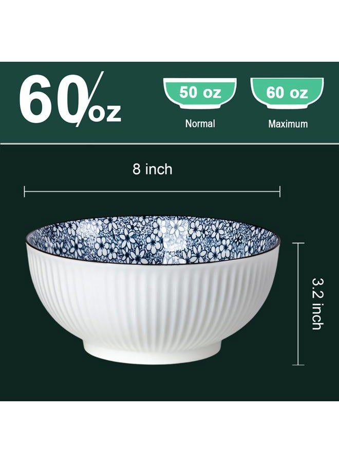 QINLANG 60 oz Large Soup Bowl, Pho Bowls, Japanese Ramen Bowls Set of 3, 8 in Blue and White Porcelain Big Bowls for Eating - Floral Pattern - Image 2
