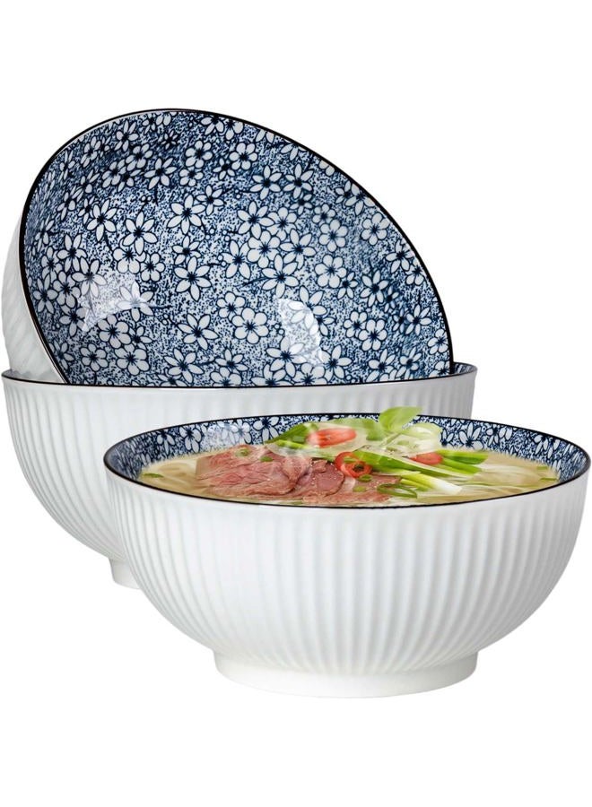 QINLANG 60 oz Large Soup Bowl, Pho Bowls, Japanese Ramen Bowls Set of 3, 8 in Blue and White Porcelain Big Bowls for Eating - Floral Pattern - Image 1