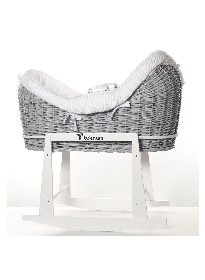 TEKNUM Infant Wicker Pod Moses Basket With White Waffle Beddings - Wooden Grey  - Image 5