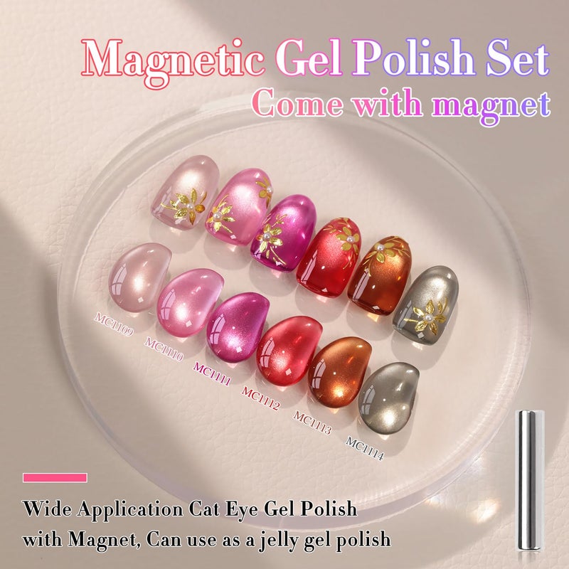 Double Rhythm Cat Eye Gel Nail Polish Set of 6 Same Color Same Bottle 0.5 Oz Shimmer Glitter with Magnet Holographic Reflective Magnetic UV Nail Polish Kit at Home (Glass Brown Red Nude-T6-43) - Image 5