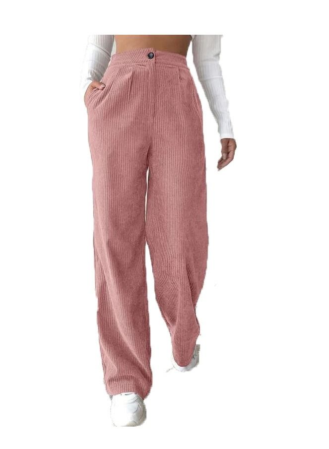 Loquat Women's Fashion New Solid Color Casual Corduroy High Waist Straight Pants 