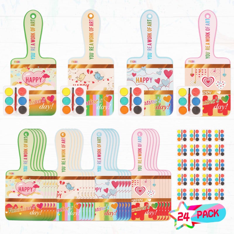 EPDPLAY 24 Pack Valentines Day Gift Set For Kids  Valentines Cards With Bulk Mini Watercolor Paint For School Classroom Boy Girl Gift Exchanges  Classroom Art  Kids' Prize Valentines Party Favor - Image 1