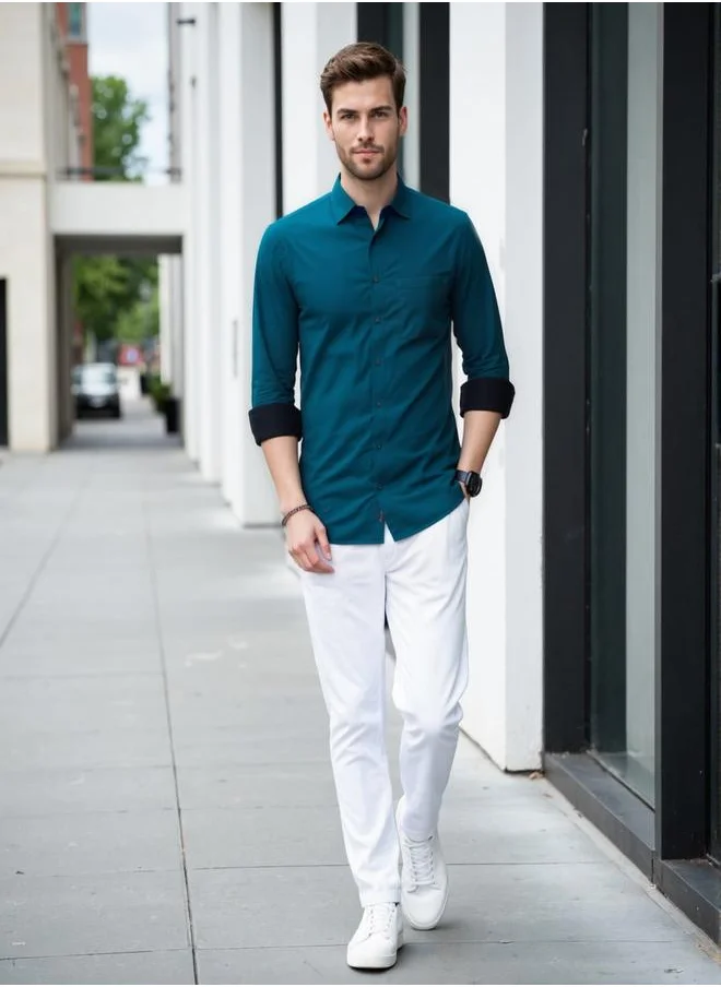دينيس لينغو Men's Teal Cotton Blend Solid Button Down Regular Fit Shirt