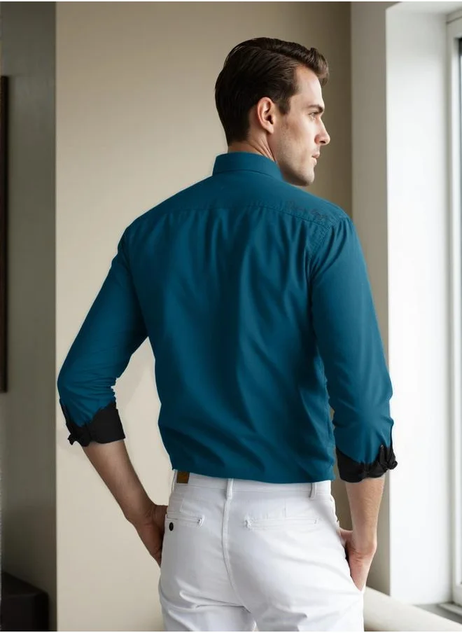 دينيس لينغو Men's Teal Cotton Blend Solid Button Down Regular Fit Shirt