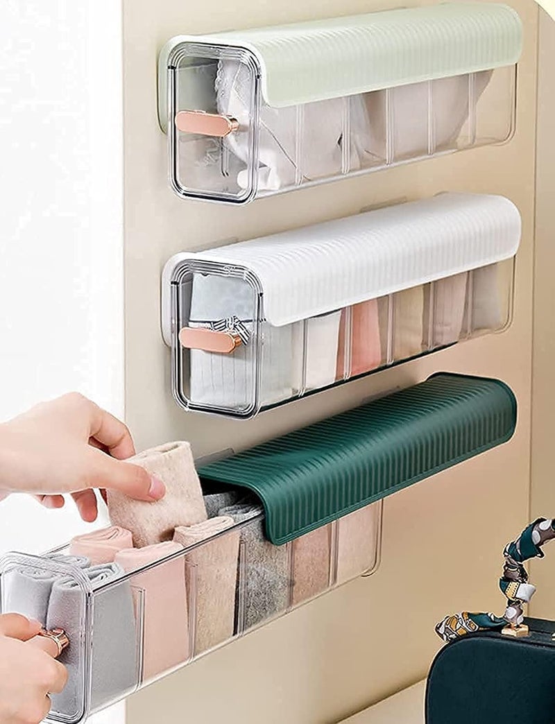 Feeoici Socks Underwear Wall Mount Drawer Organizer, Switchable 6 Cell Drawer Acrylic Organizers Self-Adhesive Anti Dust Storage Boxes for Clothes Socks Lingerie Underwear Ties (Green) - Image 1