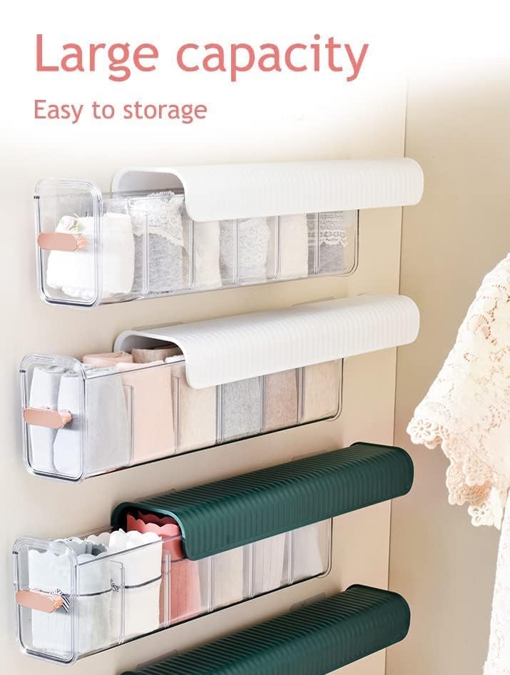Feeoici Socks Underwear Wall Mount Drawer Organizer, Switchable 6 Cell Drawer Acrylic Organizers Self-Adhesive Anti Dust Storage Boxes for Clothes Socks Lingerie Underwear Ties (Green) - Image 2