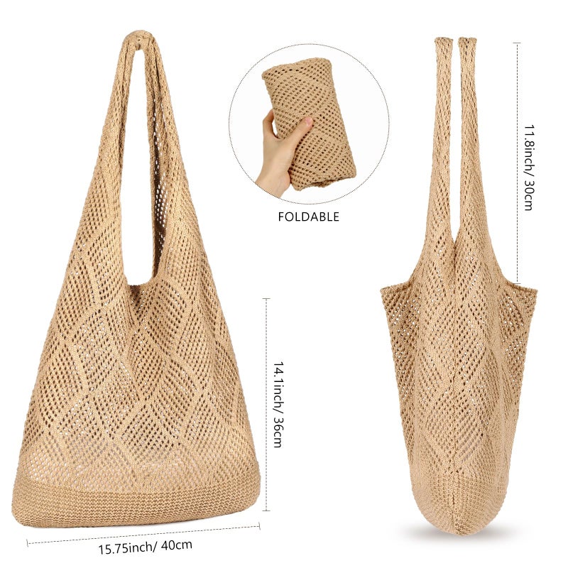 WantGor Crochet Bags, Beach Mesh Tote Bag Womens Shoulder Shopping Handbag Casual Travel Totes Bag Foldable Hobo Bags (Yellowish-brown) - Image 4
