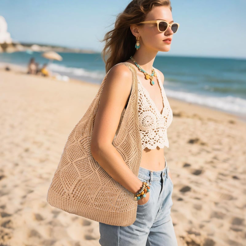 WantGor Crochet Bags, Beach Mesh Tote Bag Womens Shoulder Shopping Handbag Casual Travel Totes Bag Foldable Hobo Bags (Yellowish-brown) - Image 2