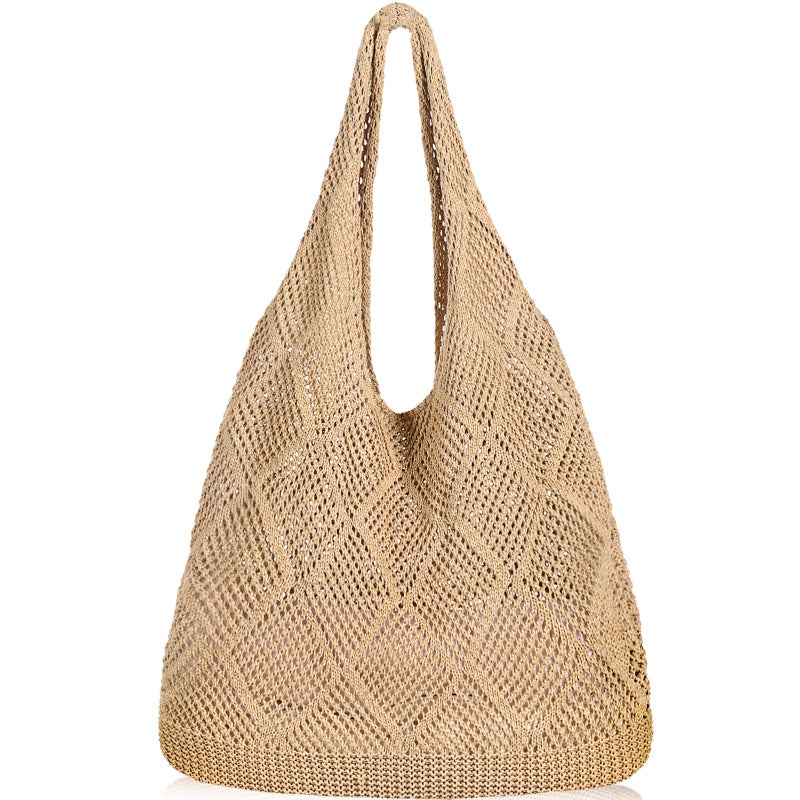 WantGor Crochet Bags, Beach Mesh Tote Bag Womens Shoulder Shopping Handbag Casual Travel Totes Bag Foldable Hobo Bags (Yellowish-brown) - Image 1