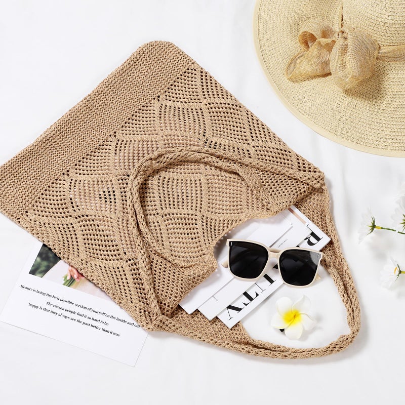 WantGor Crochet Bags, Beach Mesh Tote Bag Womens Shoulder Shopping Handbag Casual Travel Totes Bag Foldable Hobo Bags (Yellowish-brown) - Image 5