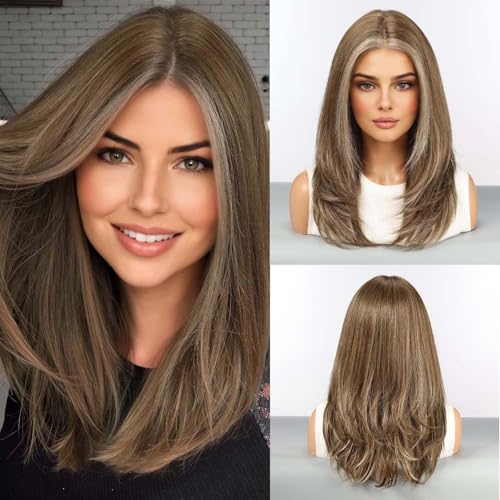 Haircube باروكة شعر إنسان HAIRCUBE باروكة أمامية بدون لاصق باروكات بطبقات بطول الكتف للنساء بني رمادي مع غرة بيضاء مزيج شعر إنسان 1351 دانتيل HD بطول 18 بوصة للاستخدام اليومي - Image 1
