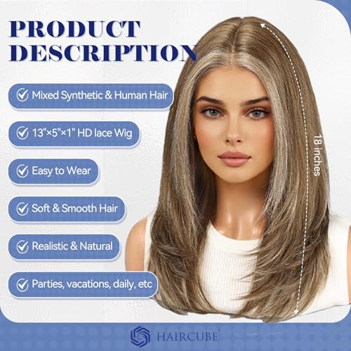 Haircube باروكة شعر إنسان HAIRCUBE باروكة أمامية بدون لاصق باروكات بطبقات بطول الكتف للنساء بني رمادي مع غرة بيضاء مزيج شعر إنسان 1351 دانتيل HD بطول 18 بوصة للاستخدام اليومي - Image 3