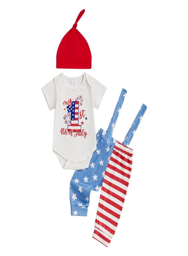 BeQeuewll 4th of July Newborn Baby Boy 3PCS Clothes Infant Long Sleeve Romper American Flag Suspender Pants Overalls Outfits (Stripe Star-White, 3-6 Months) - Image 1