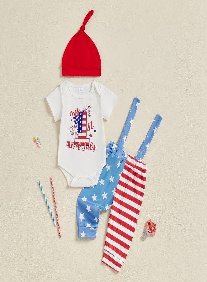 BeQeuewll 4th of July Newborn Baby Boy 3PCS Clothes Infant Long Sleeve Romper American Flag Suspender Pants Overalls Outfits (Stripe Star-White, 3-6 Months) - Image 3