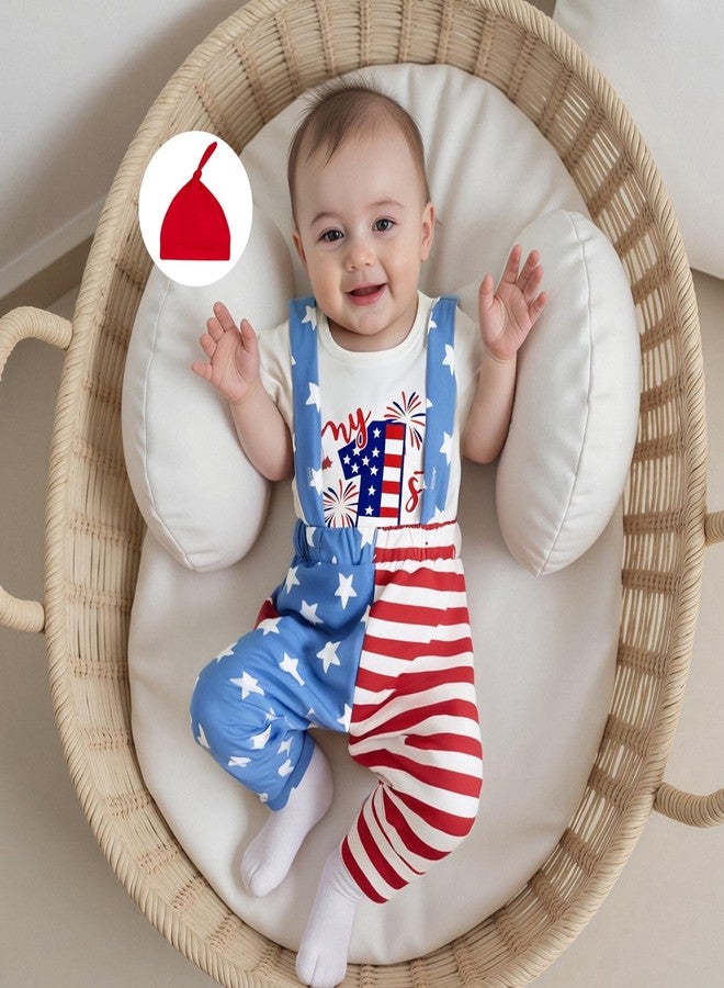 BeQeuewll 4th of July Newborn Baby Boy 3PCS Clothes Infant Long Sleeve Romper American Flag Suspender Pants Overalls Outfits (Stripe Star-White, 3-6 Months) - Image 2