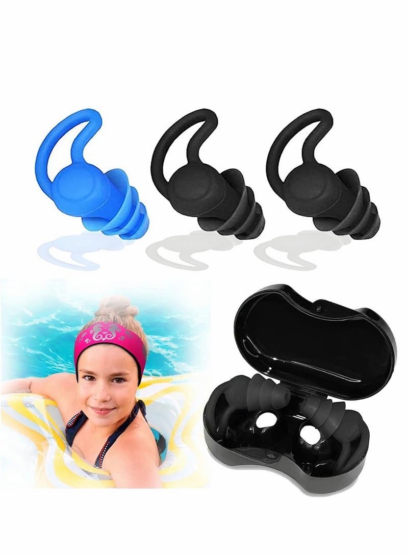 Excefore Swimming Earplugs 3 Pairs, Upgraded Design of Silicone Waterproof Earplugs, Reusable for Swimming, Surfing and Other Water Sports, for Adults and Kids 2 Black, 1 Blue  - Image 1