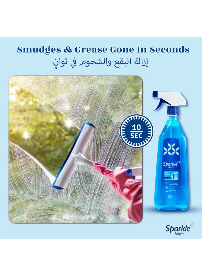 Sparkle Bright Glass Cleaner Spray- 2X 750ml, 4-in-1 Formula for Glass, Mirrors Windows etc, Removes 99% Smudges & Grease in 10 Secs, Dust & Fingerprint Free, Streak-Free Shine for 12H, Dries 2X Faster, No Rinse - Image 3