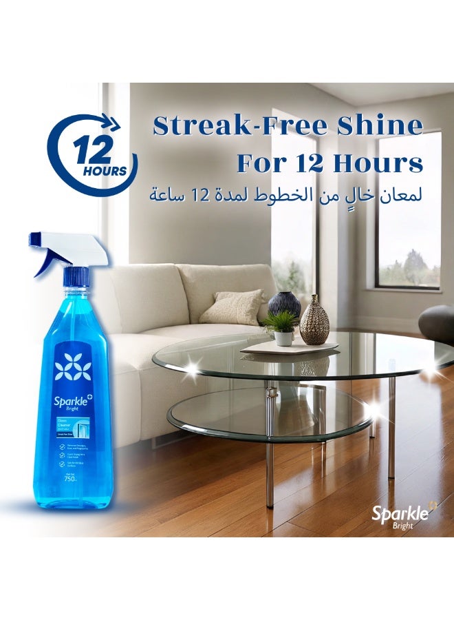 Sparkle Bright Glass Cleaner Spray- 2X 750ml, 4-in-1 Formula for Glass, Mirrors Windows etc, Removes 99% Smudges & Grease in 10 Secs, Dust & Fingerprint Free, Streak-Free Shine for 12H, Dries 2X Faster, No Rinse - Image 4