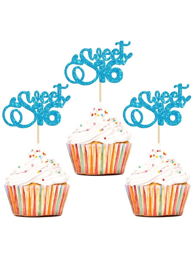 Ephlyn 24Pcs 16th Birthday Cupcake Toppers Glitter Sixteen Happy Sweet 16 Cupcake Picks Cheers to 16 Years Old Cupcake Decorations for 16th Birthday Anniversary Party Cake Decorations Supplies Light Blue - Image 1