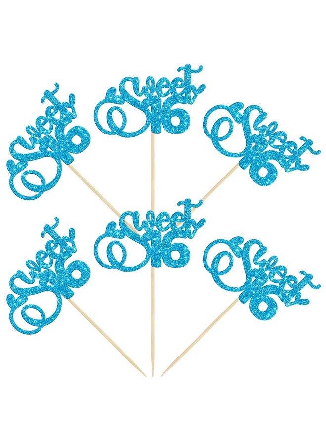 Ephlyn 24Pcs 16th Birthday Cupcake Toppers Glitter Sixteen Happy Sweet 16 Cupcake Picks Cheers to 16 Years Old Cupcake Decorations for 16th Birthday Anniversary Party Cake Decorations Supplies Light Blue - Image 3