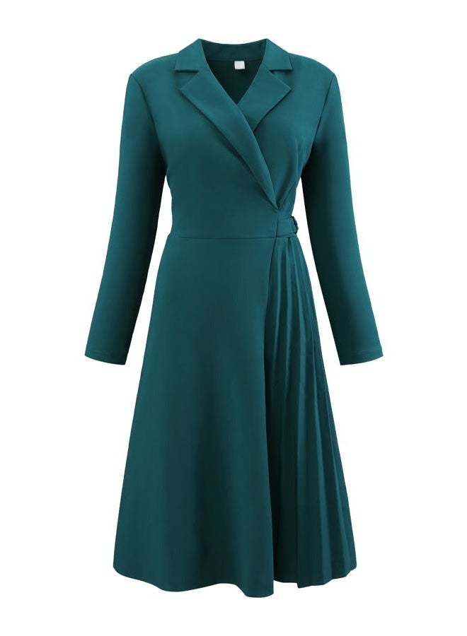 Hobemty Women's Notch Lapel Wrap Neck Dress Long Sleeve A-Line Midi Pleated Dresses Medium Green Blue - Image 1