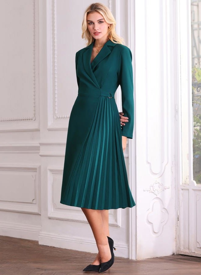 Hobemty Women's Notch Lapel Wrap Neck Dress Long Sleeve A-Line Midi Pleated Dresses Medium Green Blue - Image 3