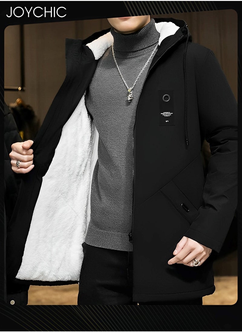 Joychic - Casual Hooded Autumn and Winter Outdoor Warm Windproof Mid Length Trench Coat for Men Black - Image 1
