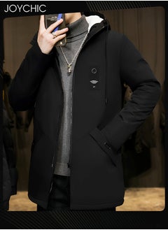 Casual Hooded Autumn and Winter Outdoor Warm Windproof Mid Length Trench Coat for Men Black