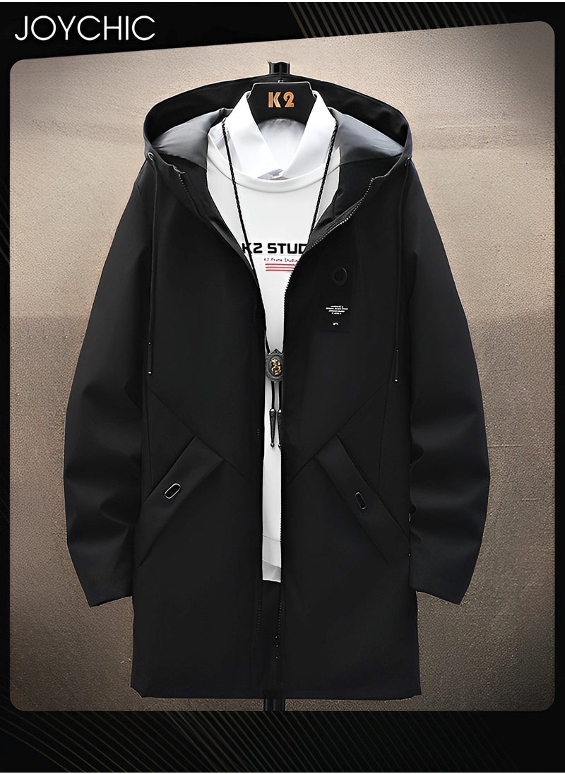 Joychic - Casual Hooded Autumn and Winter Outdoor Warm Windproof Mid Length Trench Coat for Men Black - Image 1