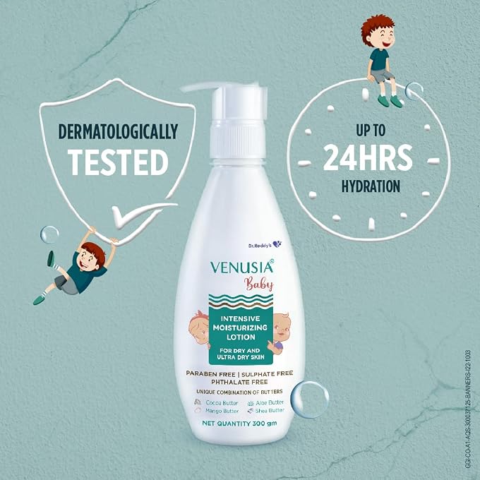 VENUSIA Dr Reddy's Venusia Baby Intensive Moisturizing Lotion for Dry and Ultra Dry Skin Contains Cocoa, Aloe, Mango & Shea Butters, 300g x Pack 4 - Image 3