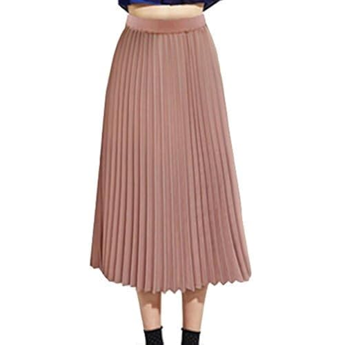 TEERFU Womens Pleated Midi Skirt,High Waist Swing Boho Pleated Skirt Casual Chiffon Elastic A-line Long Skirts (Pink, Medium) - Image 1