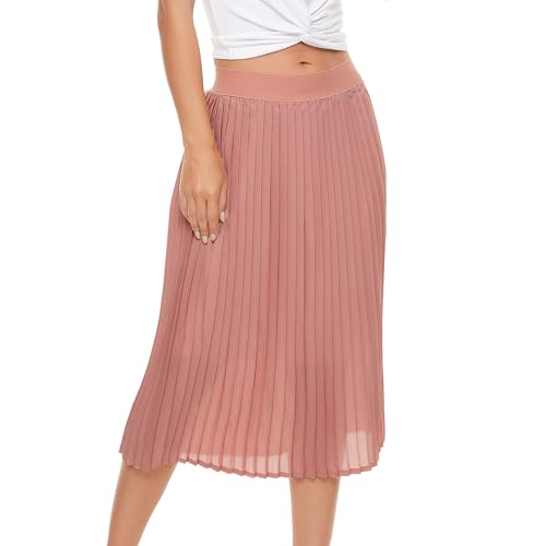 TEERFU Womens Pleated Midi Skirt,High Waist Swing Boho Pleated Skirt Casual Chiffon Elastic A-line Long Skirts (Pink, Medium) - Image 5