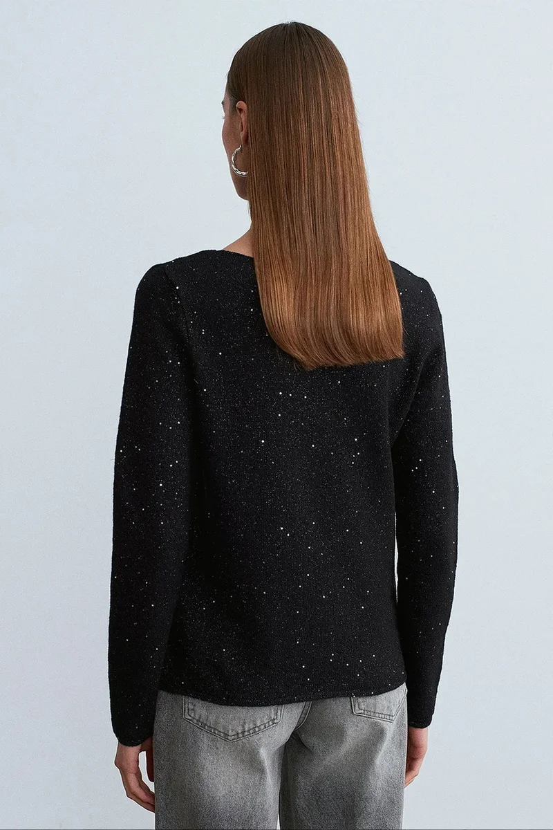 Dilvin Black DILVIN Boat Neck Sequin Knit Sweater for Women | Best Price UAE