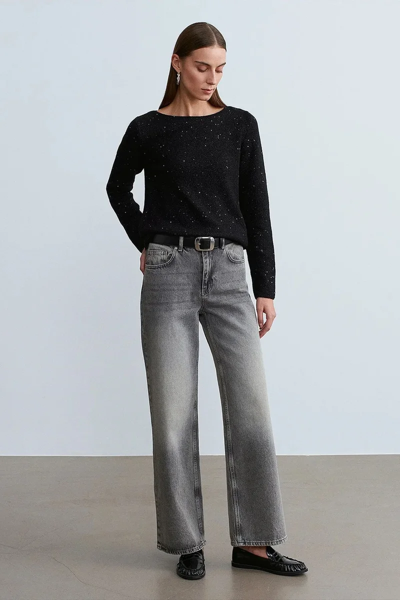 Dilvin Black DILVIN Boat Neck Sequin Knit Sweater for Women | Best Price UAE