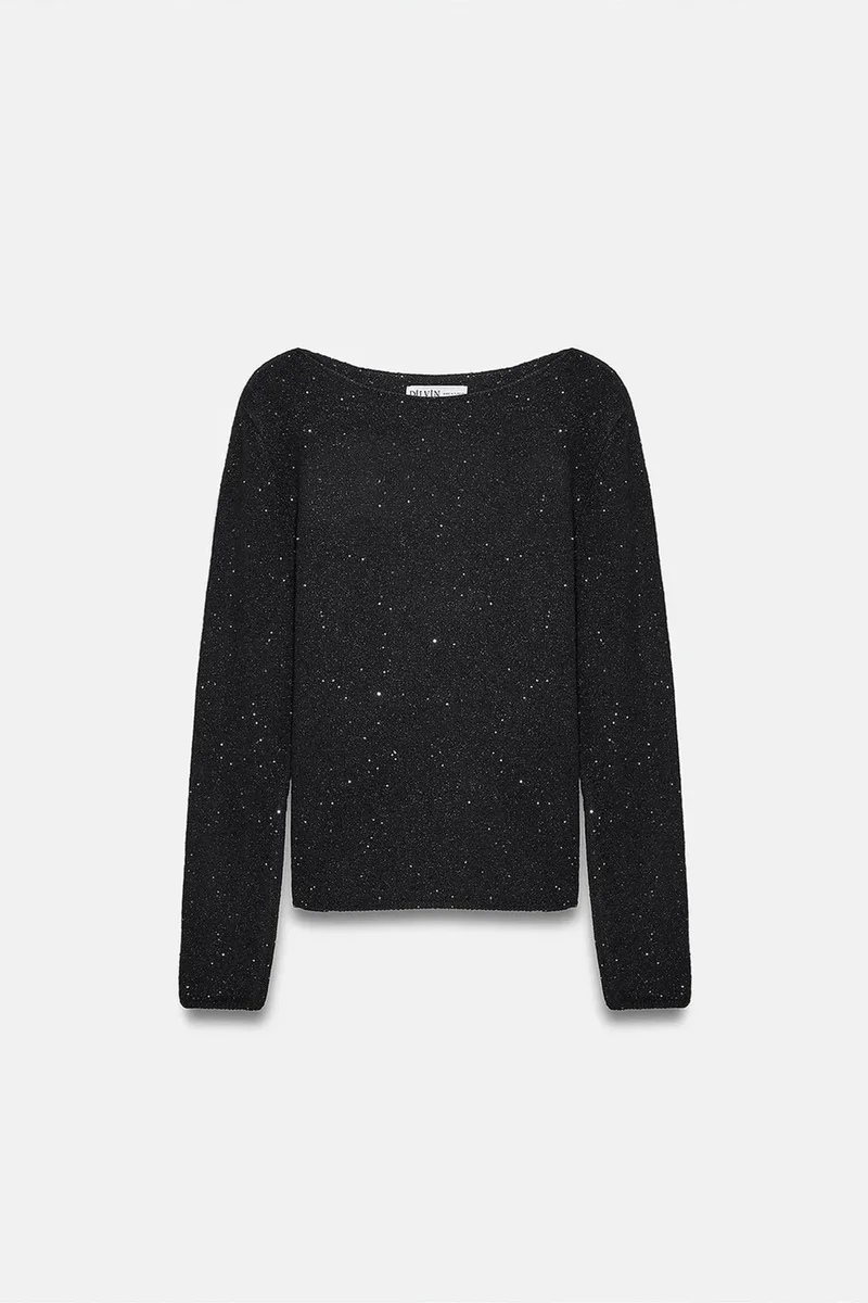 Dilvin Black DILVIN Boat Neck Sequin Knit Sweater for Women | Best Price UAE