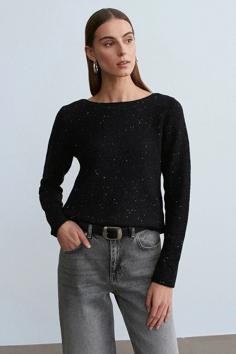 Dilvin Black DILVIN Boat Neck Sequin Knit Sweater for Women | Best Price UAE