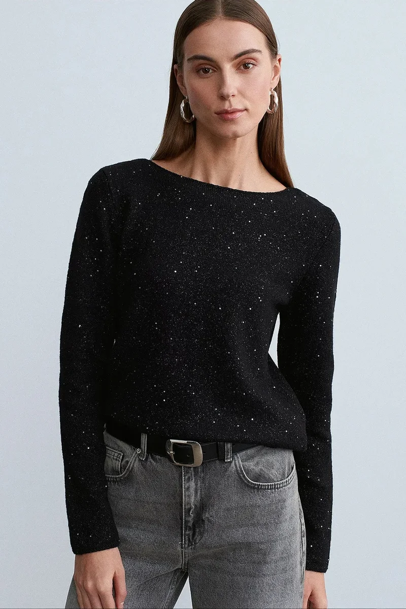 Dilvin Black DILVIN Boat Neck Sequin Knit Sweater for Women | Best Price UAE