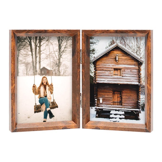 4X6 DOUBLE PICTURE FRAME RUSTIC BROWN WOODEN HINGED BEVELED PHOTO FRAME DEFINITION GLASS 2 VERTICAL OPENINGS STAND ON DESKTOP TABLETOP