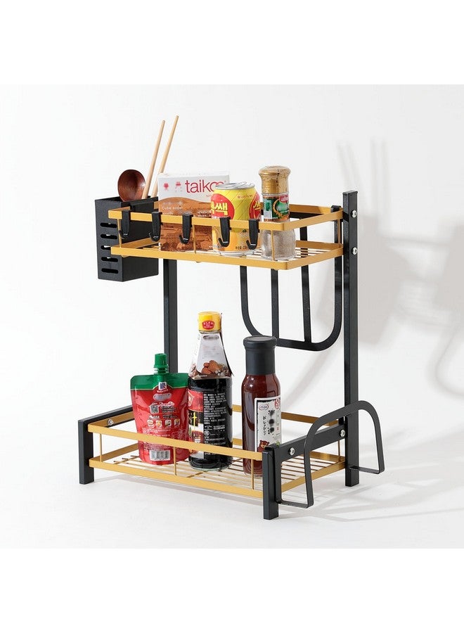Umai UMAI Carbon Steel Trapezoidal Two-Layer Seasoning Rack Wall Mounted Kitchen Storage Tiered Shelf Organizer For Spices And Other Kitchen Essentials Space Saving Durable Seasoning Rack (Black Gold) - Image 1