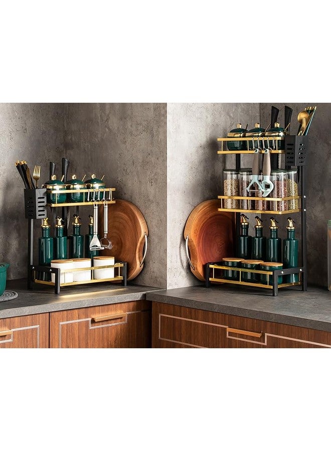 Umai UMAI Carbon Steel Trapezoidal Two-Layer Seasoning Rack Wall Mounted Kitchen Storage Tiered Shelf Organizer For Spices And Other Kitchen Essentials Space Saving Durable Seasoning Rack (Black Gold) - Image 3
