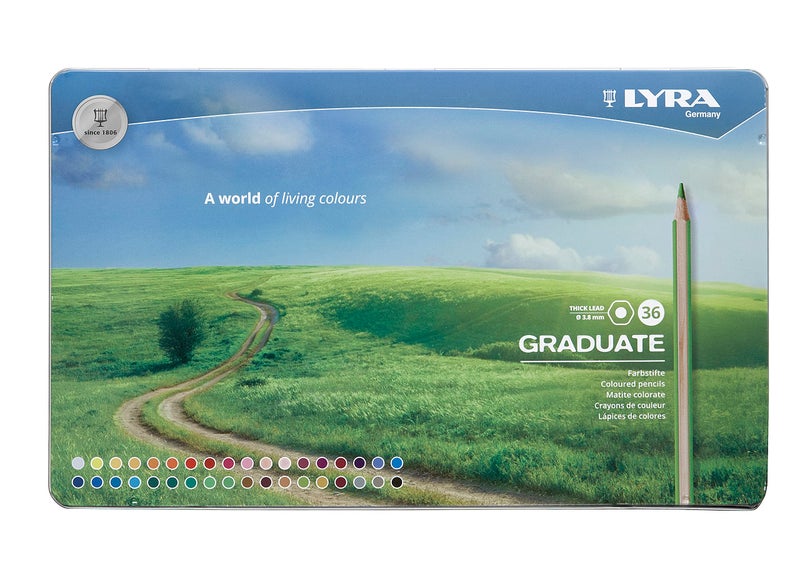 Lyra Graduate Colouring Pencils, 3.8mm Thick Lead, 36 Assorted Colours, Technical & Artistic Drawing, Tin Box, Ideal for Student Artists & Schools - Image 1