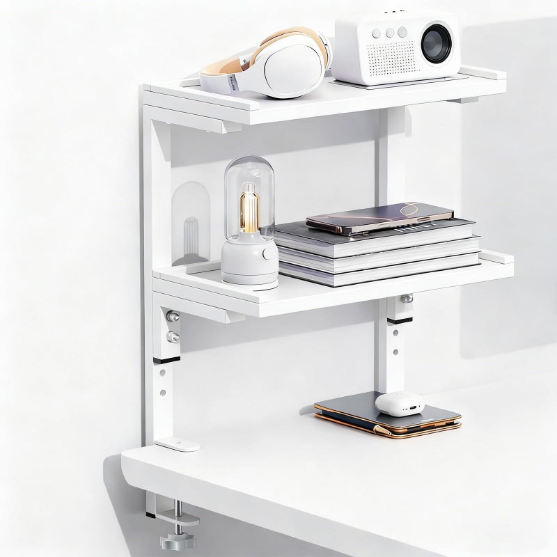 Spacrea clamp on Desk Shelf 2 Tier Office Desk Shelves Organizer Wood Desktop Supplies Storage Rack Desk Organizers and Accessories White - Image 2