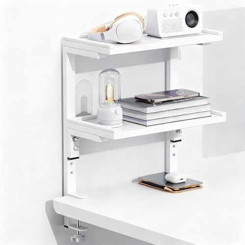 Spacrea clamp on Desk Shelf 2 Tier Office Desk Shelves Organizer Wood Desktop Supplies Storage Rack Desk Organizers and Accessories White - Image 1
