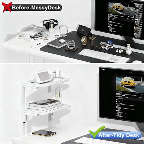 Spacrea clamp on Desk Shelf 2 Tier Office Desk Shelves Organizer Wood Desktop Supplies Storage Rack Desk Organizers and Accessories White - Image 3