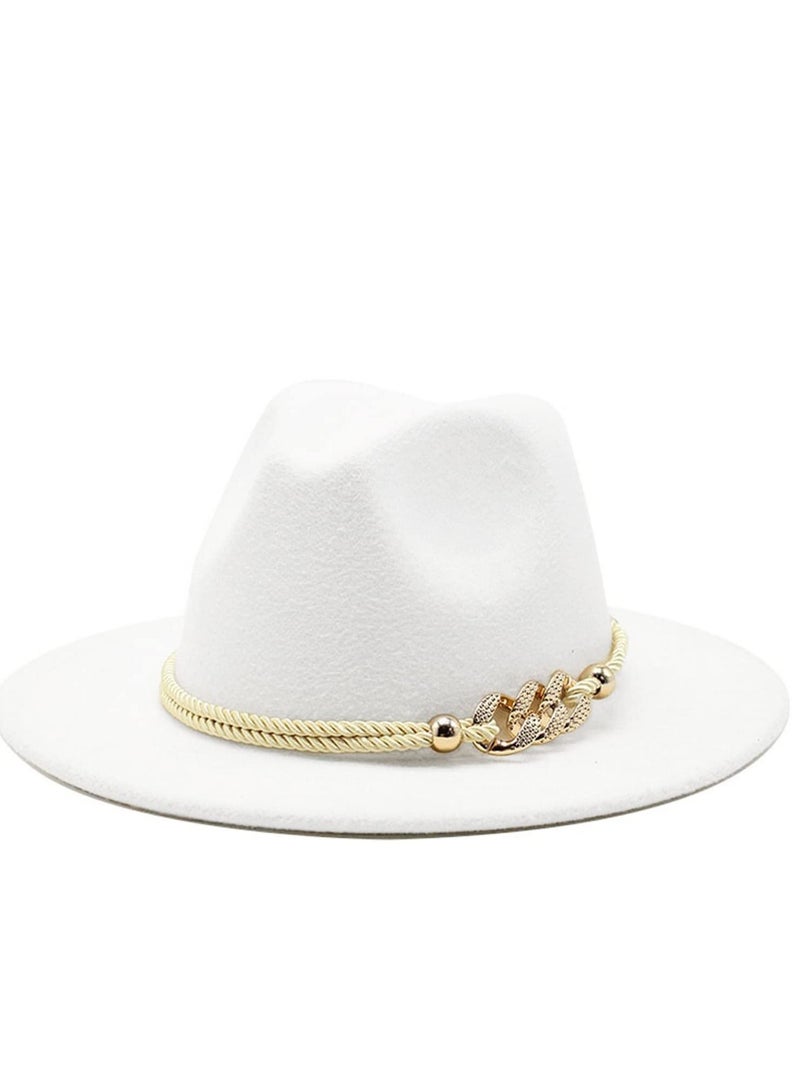 Excefore Womens Wide Brim Panama Hat Lady Mens Felt Fedora with Ring Belt, White - Image 1