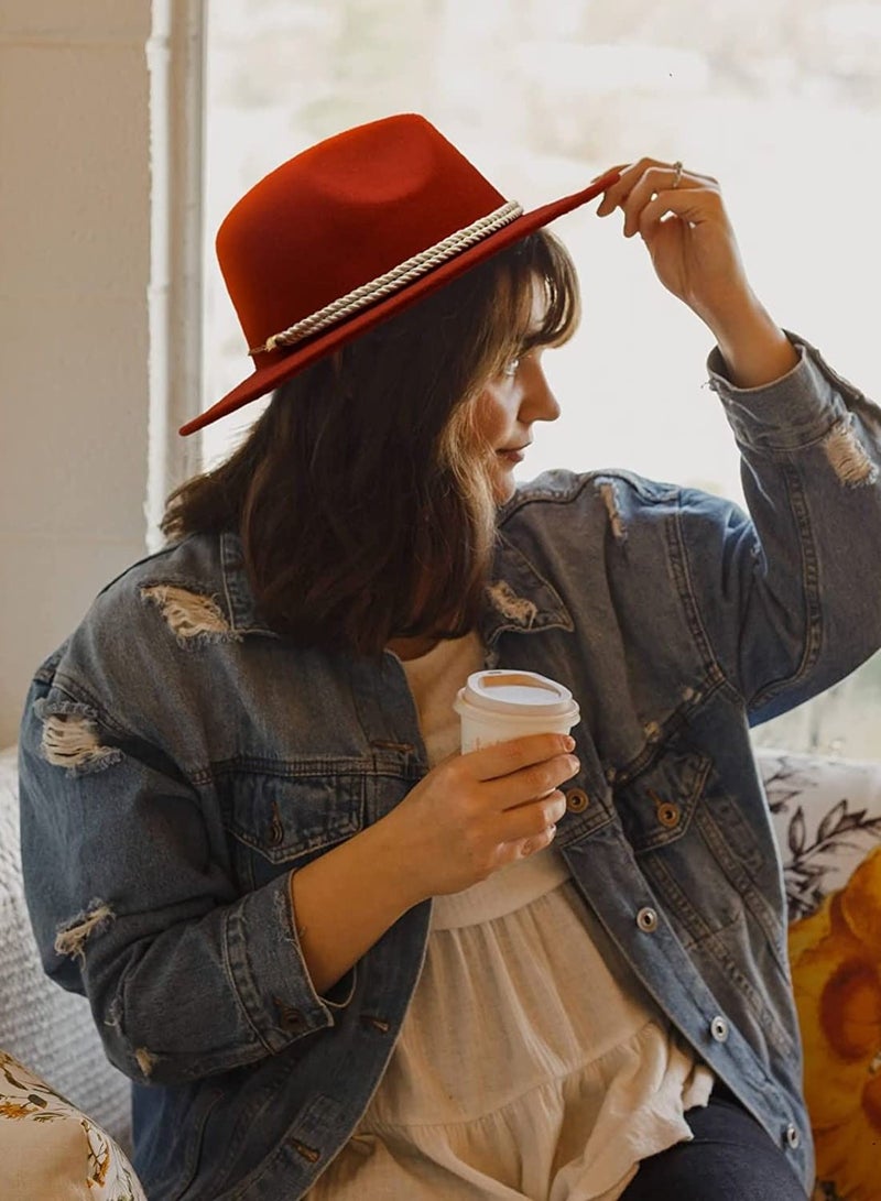 Excefore Womens Wide Brim Panama Hat Lady Mens Felt Fedora with Ring Belt, White - Image 5