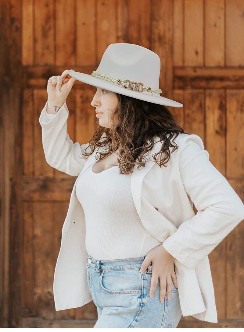 Excefore Womens Wide Brim Panama Hat Lady Mens Felt Fedora with Ring Belt, White - Image 3