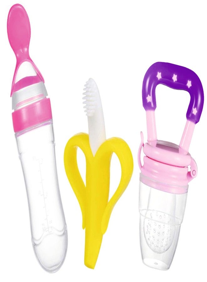 Roforuf Baby Fruit Feeder & Spoon Feeder Combo with Banana Teether for Babies 3-12 Months | BPA Free Silicone Food Feeder Pacifier | Anti-Choking Infant Feeding & Teething Kit (Pack of 3 Pink) - Image 1
