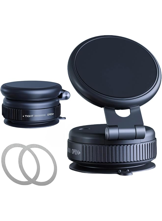S-TOP Car Phone Holder for MagSafe, Magnetic Phone Stand for Car, 360° Adjustable, with Metal Rings, Vacuum Suction Cup, Removable Base, Compatible with iPhone 17/16/15, Galaxy S25/24 etc (Black) - Image 1