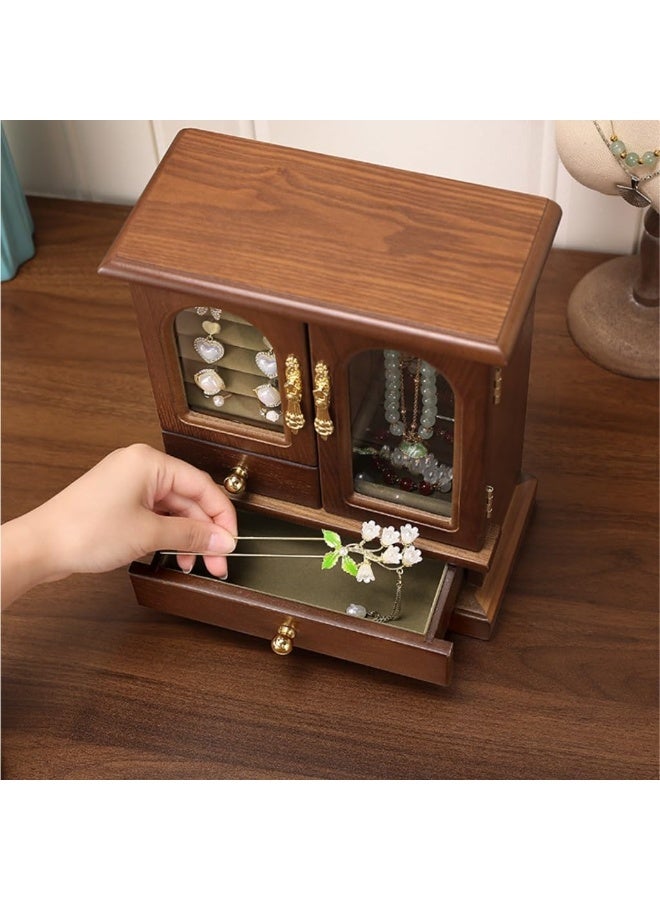 XiuWoo Luxurious Solid Wooden Jewelry Box, Large Space Multi-Function Storage Case, Vintage Jewelry Case, Jewelry Display Rack with Compartments Tray, 2 Drawers, Copper Handle, Clear Window - Image 5